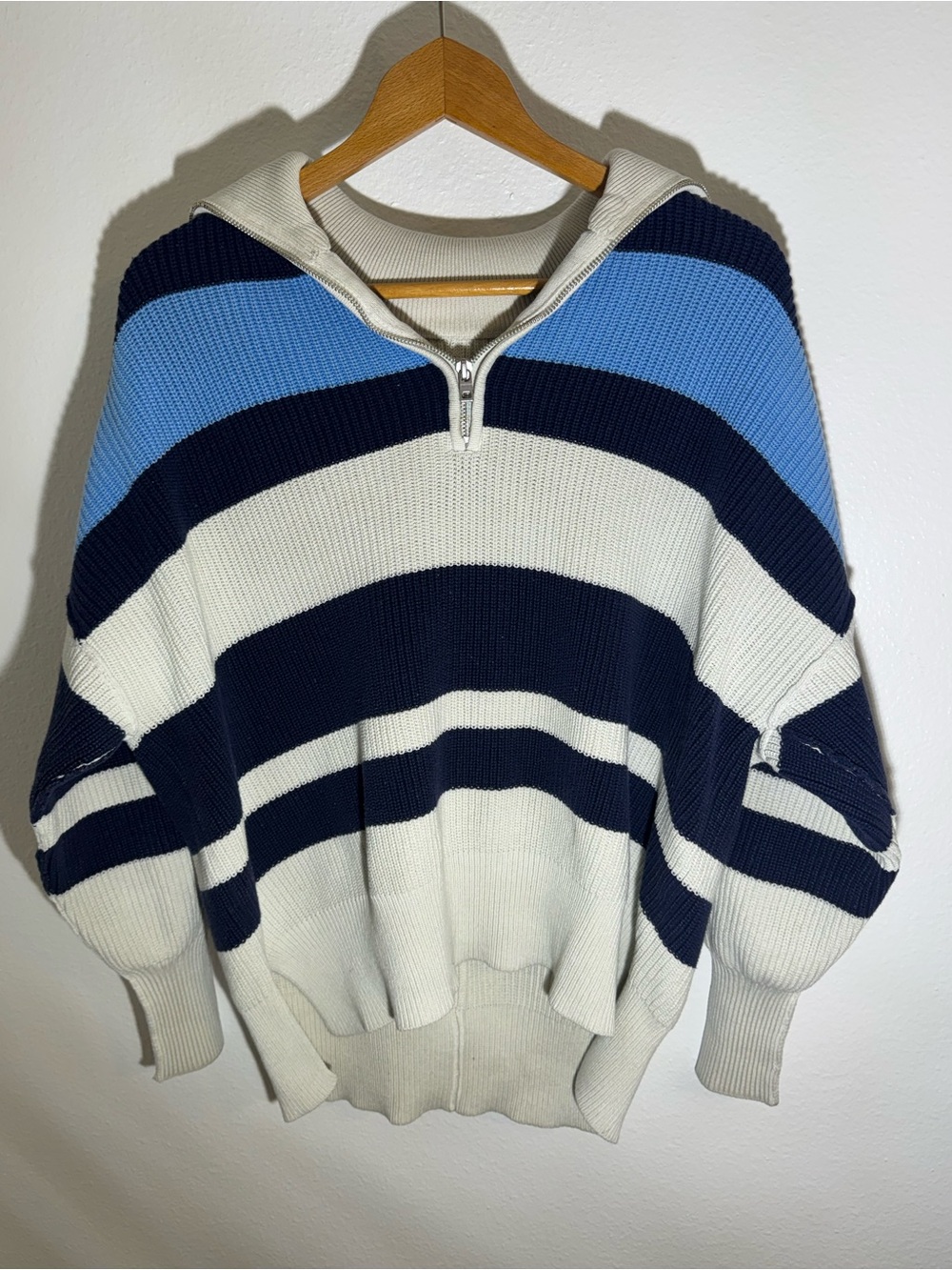 Women’s Aerie Quarter-Zip Striped Knit Sweater - White & Blue